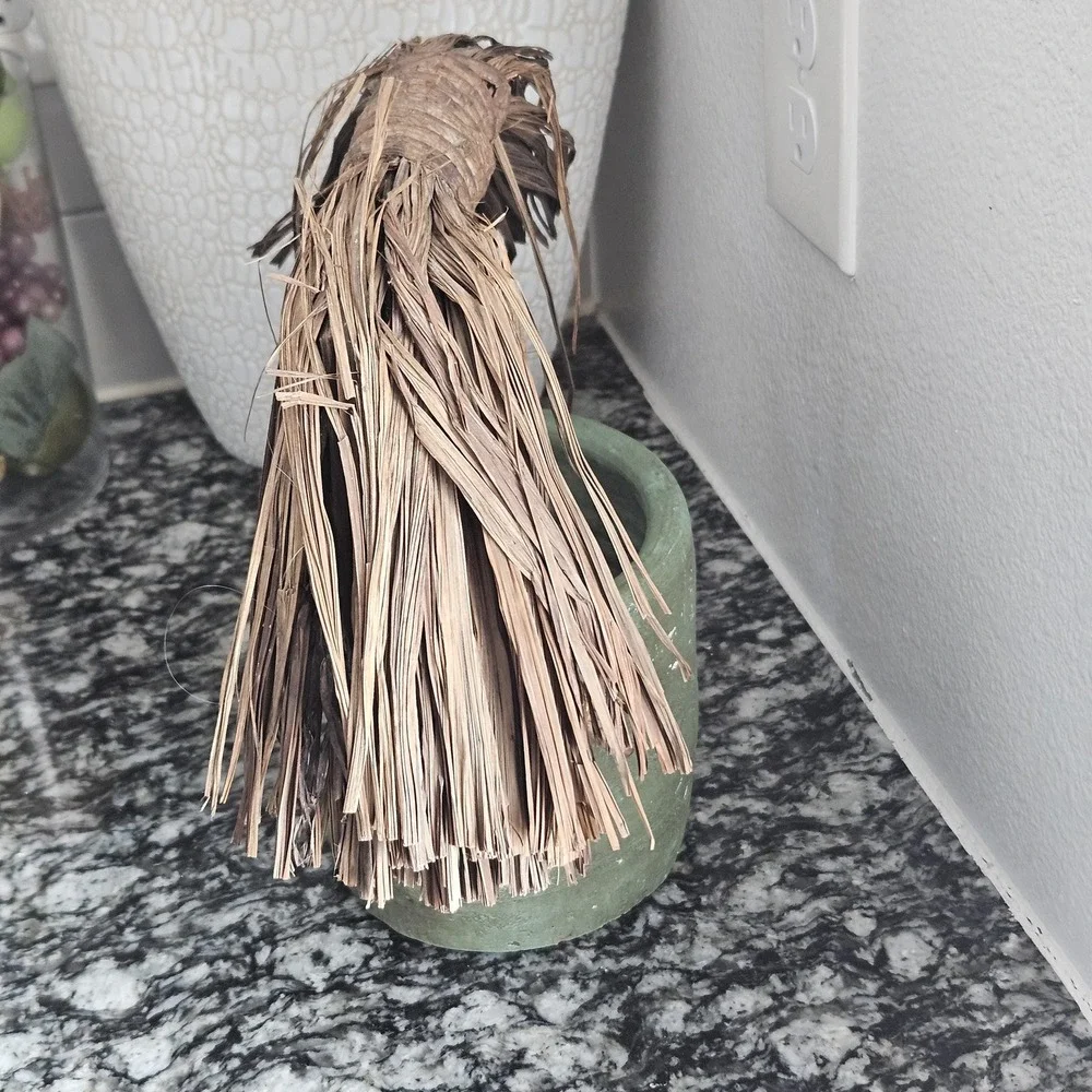 Artisan‎ Studio Pottery Sage Green Vessel Twig Raffia Handle Planter Vase